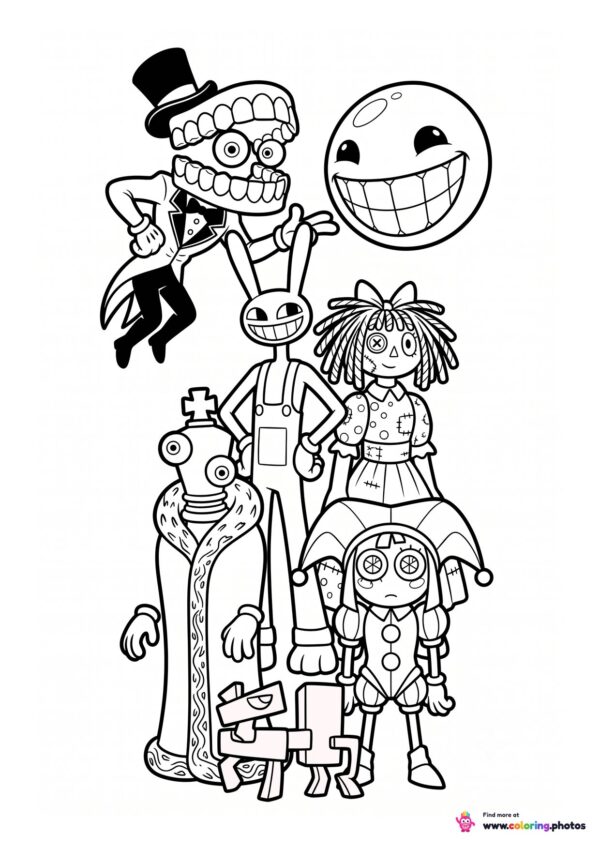 Caine, Bubble, Jax, Ragatha, Pomni and Kinger group coloring page from The Amazing Digital Circus