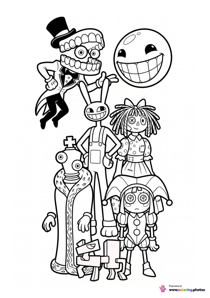 Caine, Bubble, Jax, Ragatha, Pomni and Kinger group coloring page from The Amazing Digital Circus