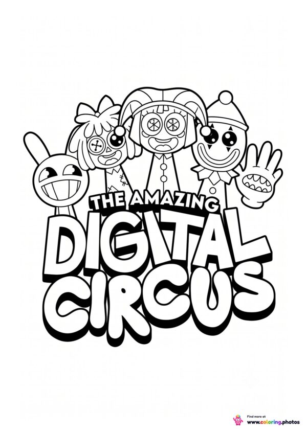 The Amazing Digital Circus logo with Jax, Ragatha, Pomni and Bubble coloring page
