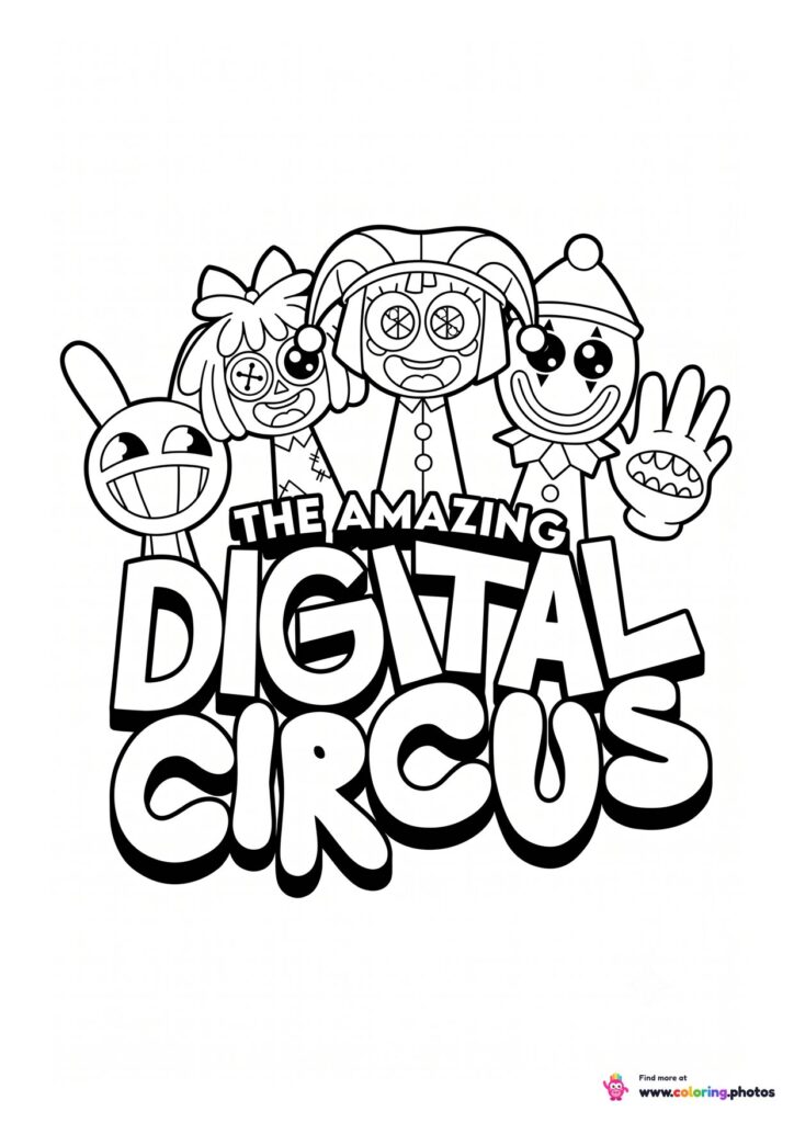 The Amazing Digital Circus logo with Jax, Ragatha, Pomni and Bubble coloring page