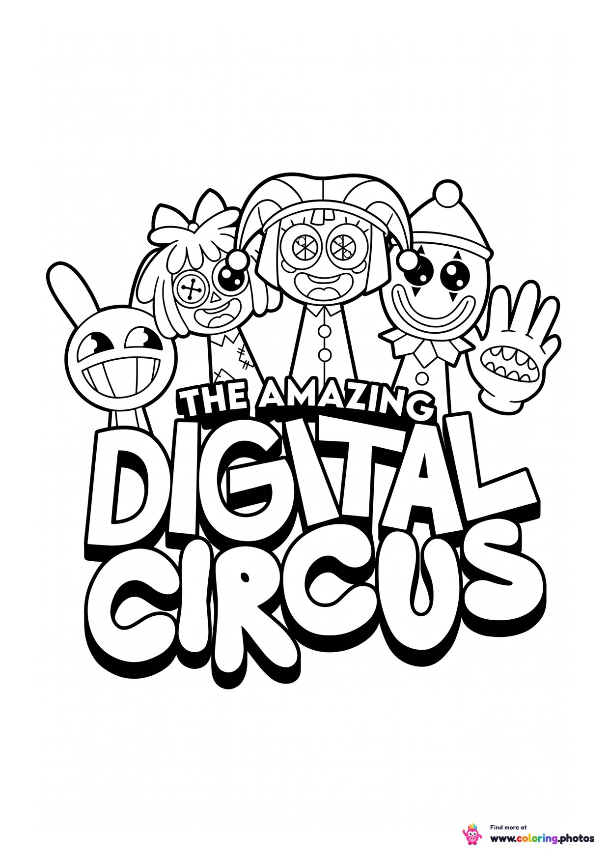 The Amazing Digital Circus logo with Jax, Ragatha, Pomni and Bubble coloring page