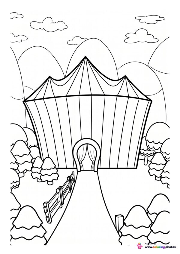 Striped circus tent on a hill coloring page from The Amazing Digital Circus