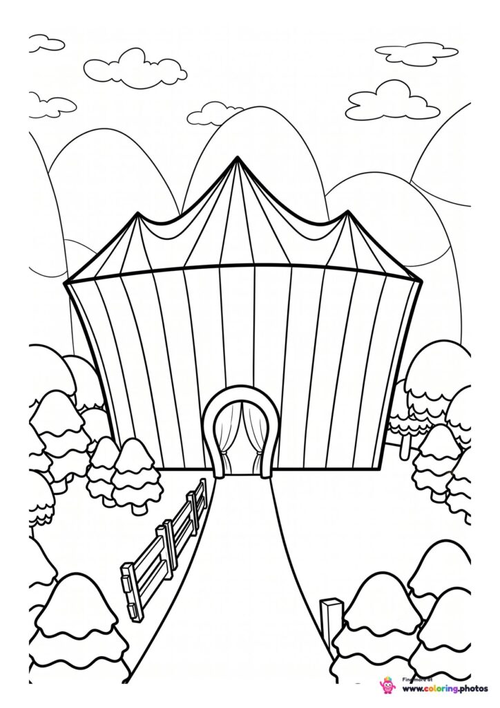 Striped circus tent on a hill coloring page from The Amazing Digital Circus