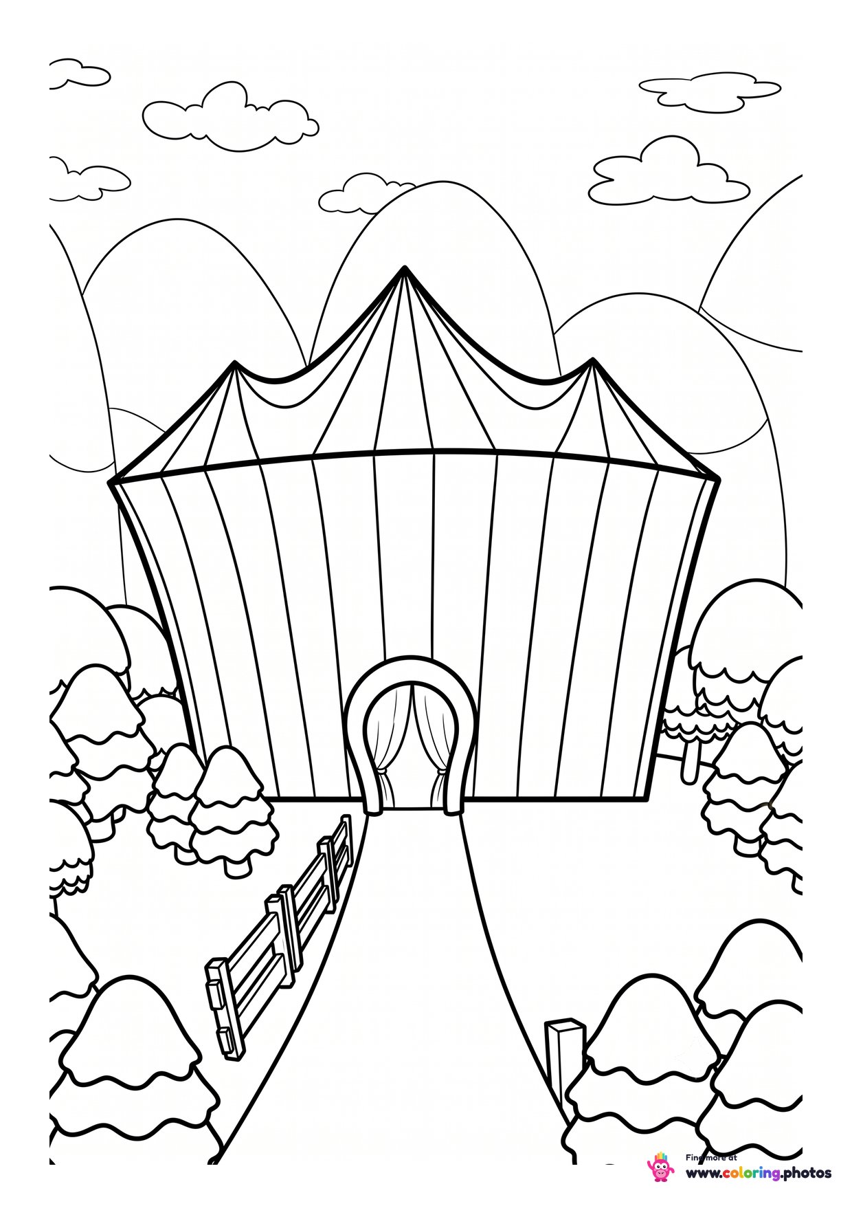 Striped circus tent on a hill coloring page from The Amazing Digital Circus