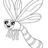 Happy cartoon dragonfly with large eyes, smiling face, striped abdomen, and four detailed wings coloring page