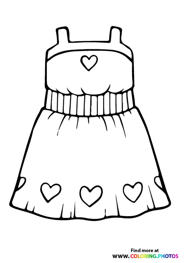 Princess dress with heart decorations and pleated waistband coloring page