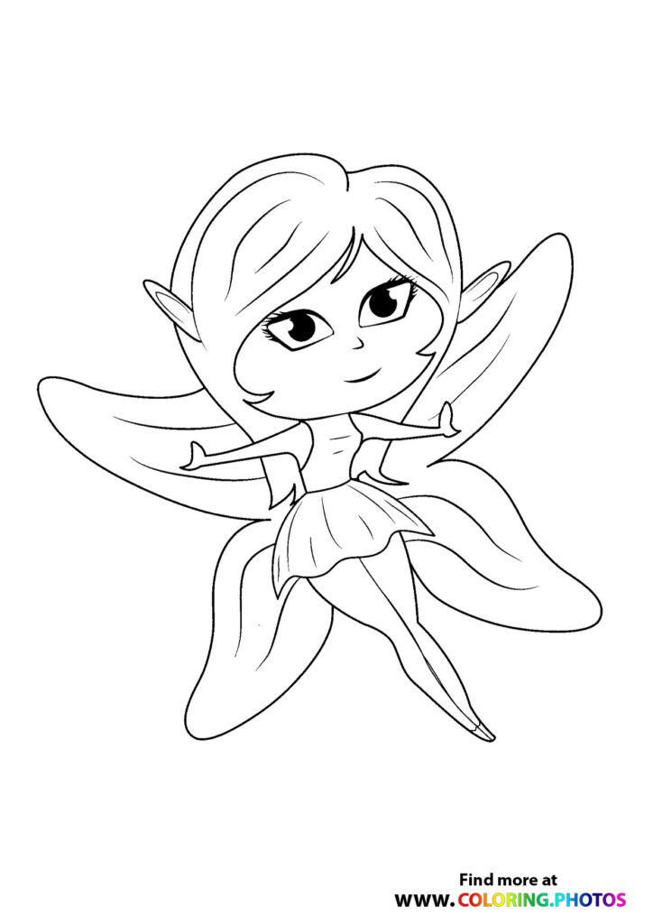 Happy fairy with pointed ears and flower petal wings spreading arms wide coloring page