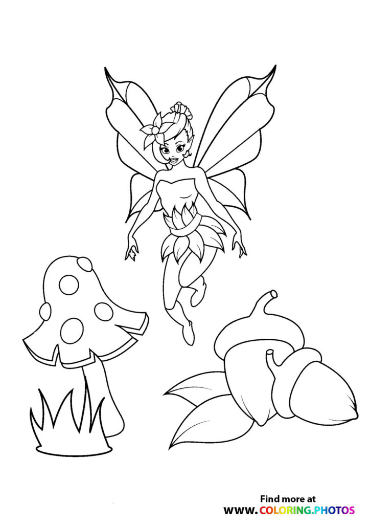 Fairy with large wings hovering over a spotted mushroom and acorns coloring page