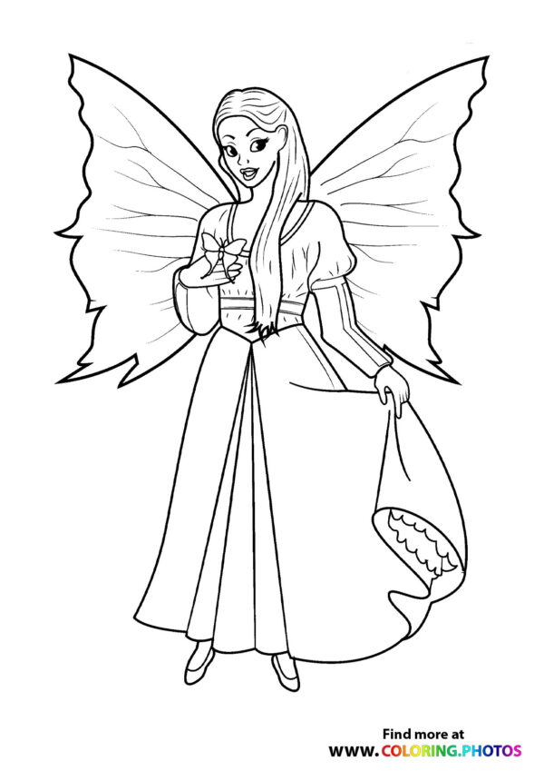Fairy in a dress with a butterfly - Coloring Pages for kids