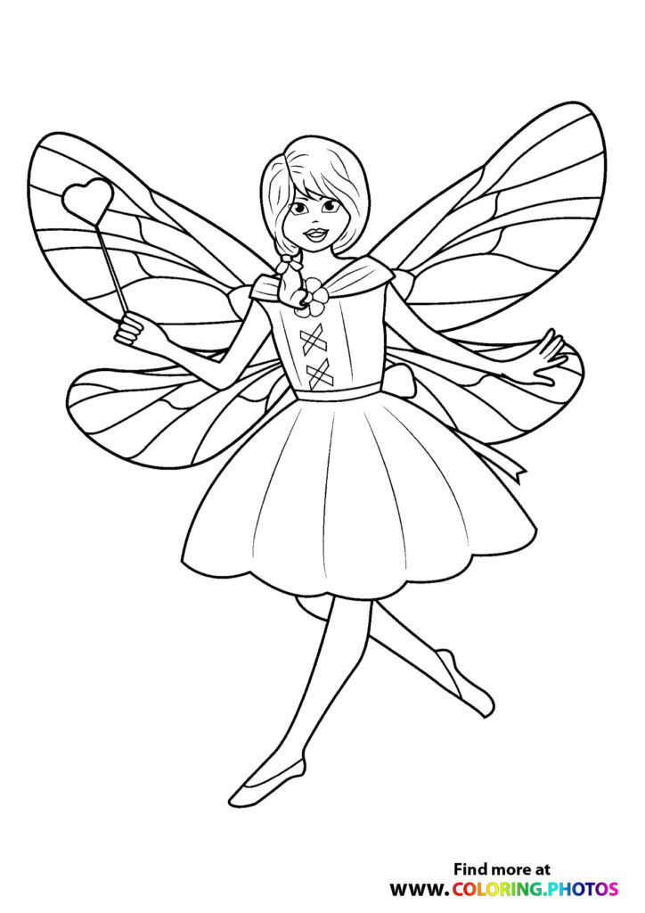 Fairy with translucent wings and heart-shaped wing detail wearing a dress coloring page