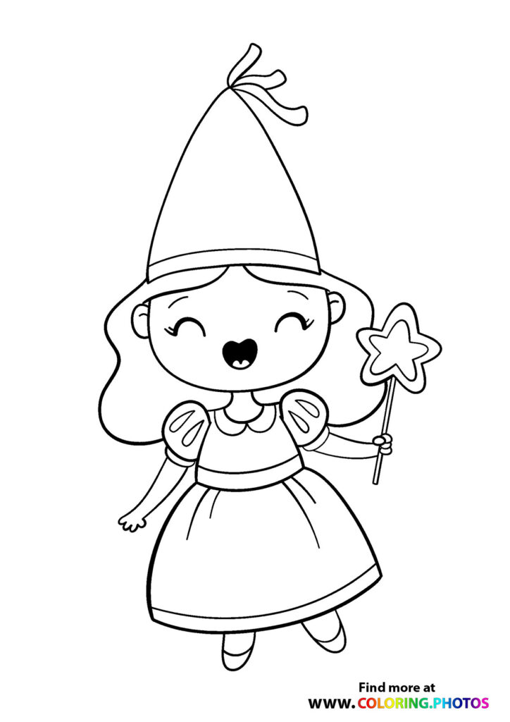 Happy fairy with pointed hat and magic star wand coloring page