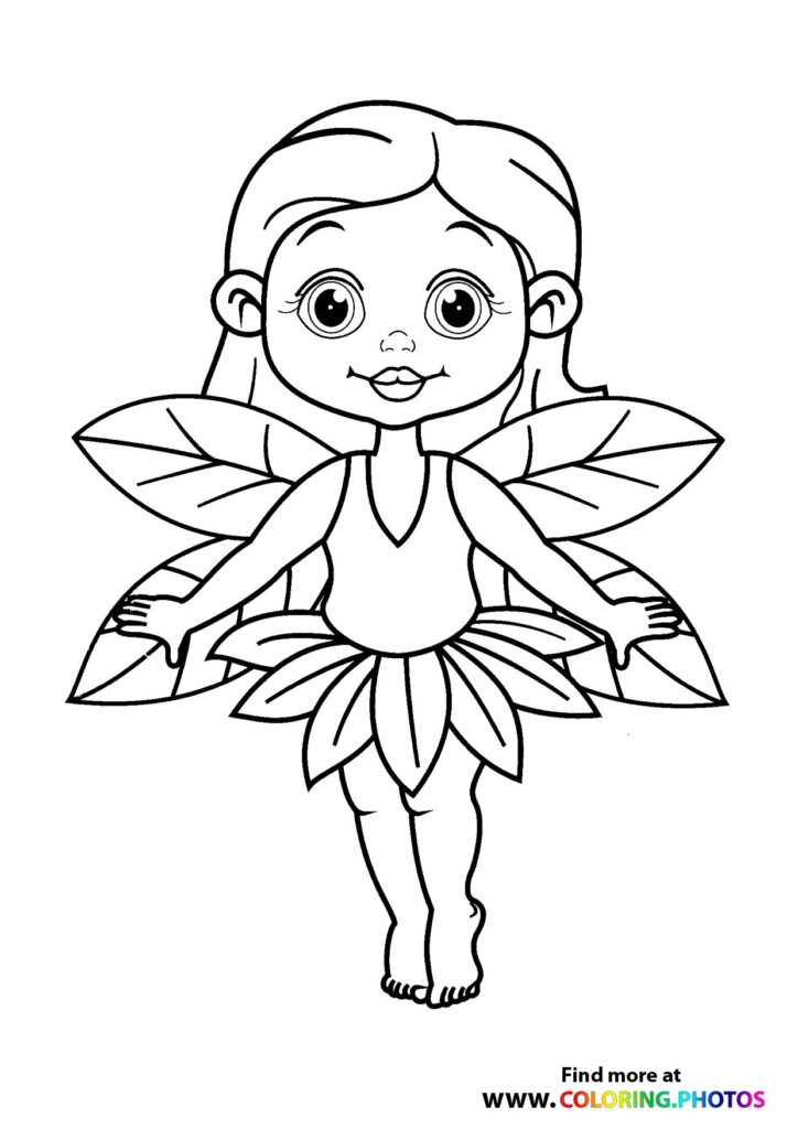 Young fairy girl with flower petal wings and leafy dress coloring page