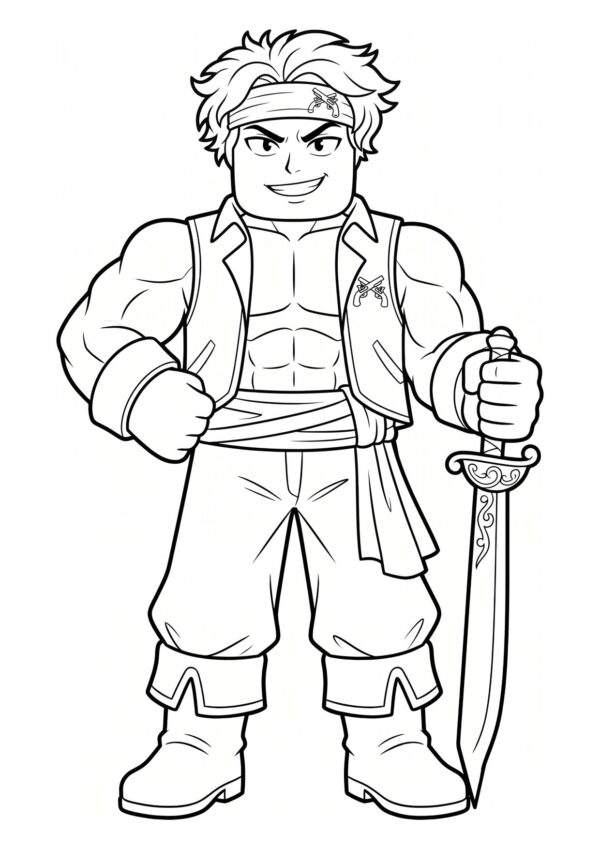 Swordsman coloring page from Blox Fruits wearing a headband and holding a curved sword