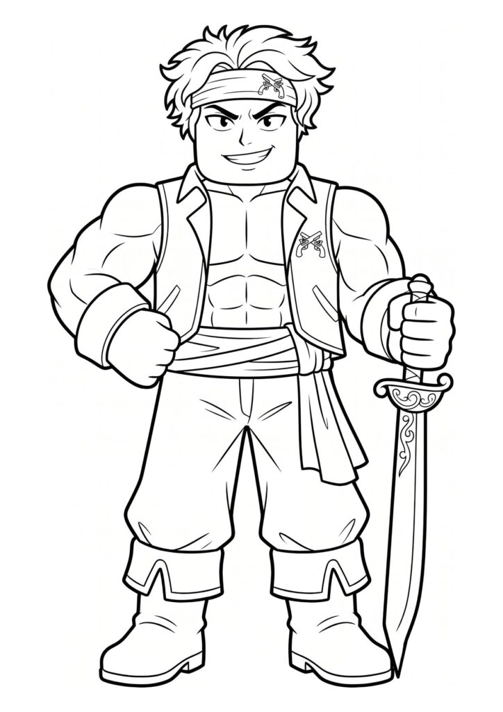 Swordsman coloring page from Blox Fruits wearing a headband and holding a curved sword