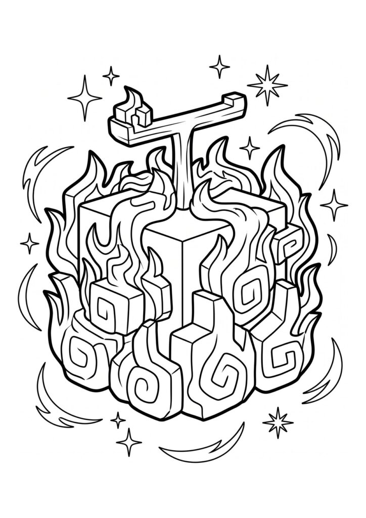 Flame fruit coloring page from Blox Fruits surrounded by curling fire and sparkles