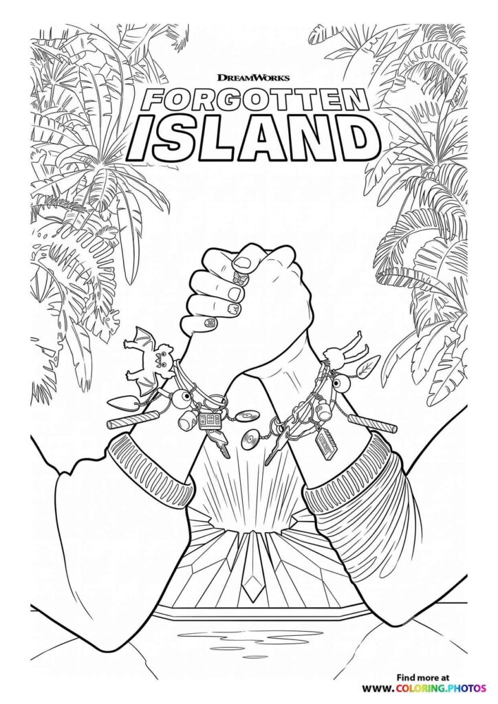Colossal fist with adventurers and tropical plants on Forgotten Island coloring page