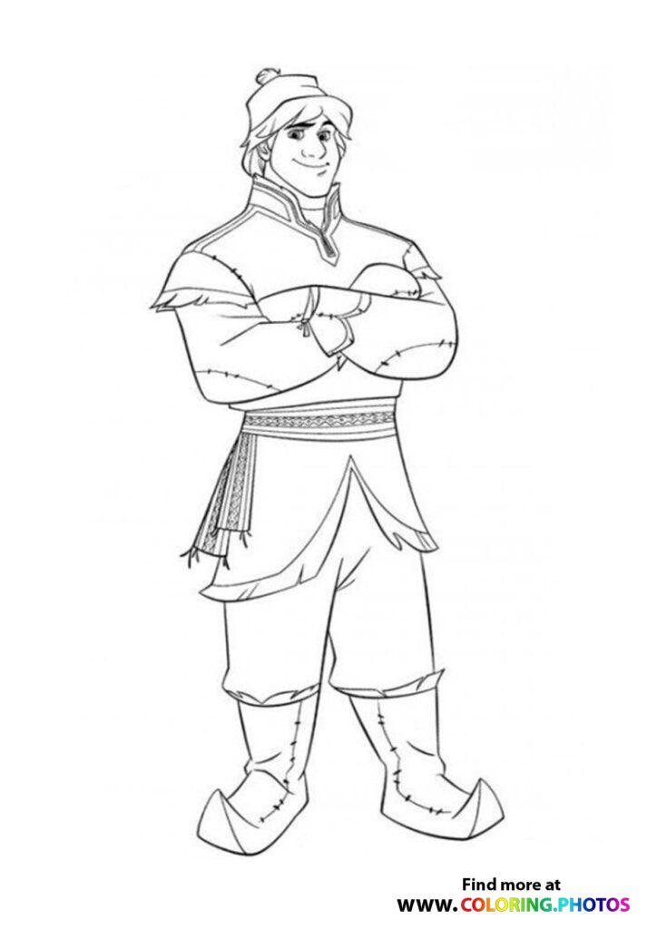 Kristoff standing with crossed arms wearing his ice harvester outfit and knit cap from Frozen coloring page