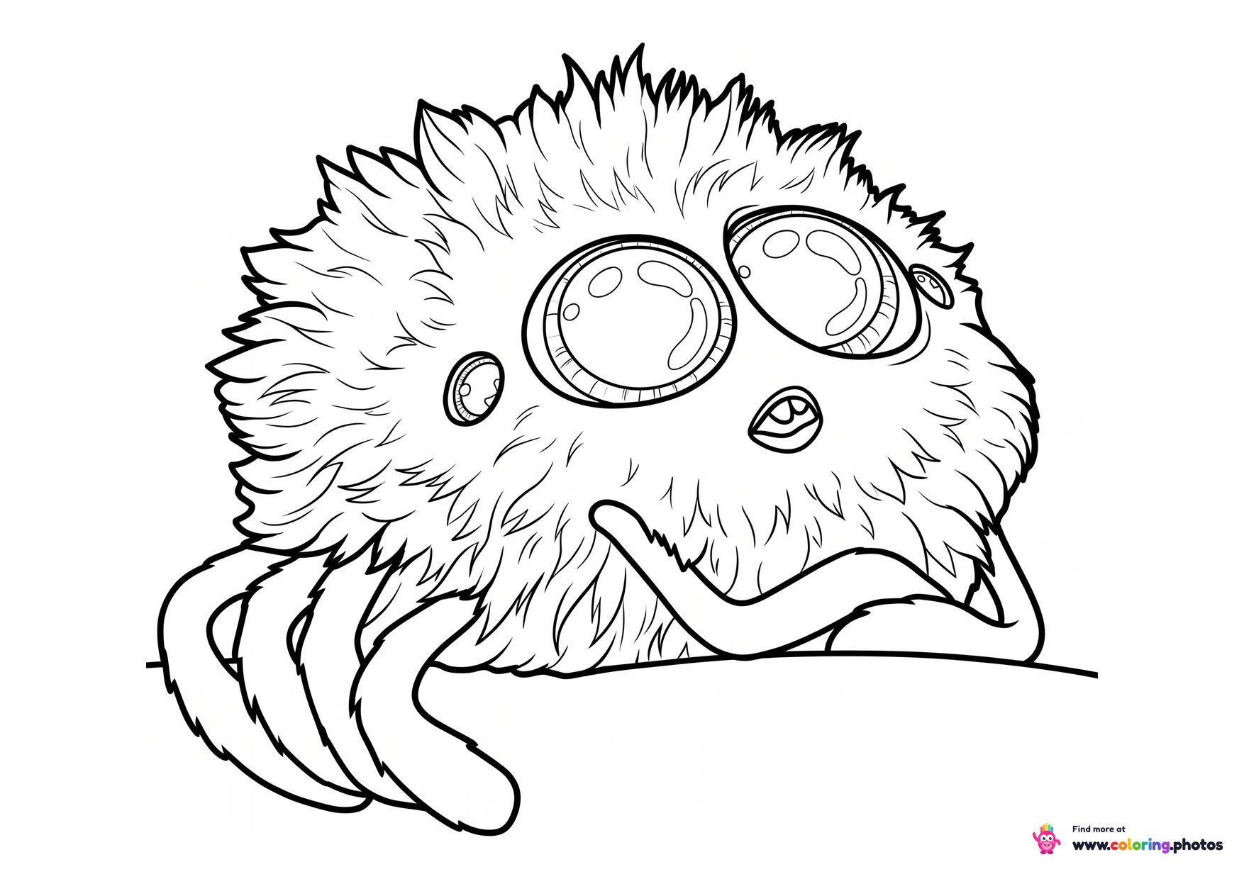 Fuzzy the pet spider coloring page from Angry Birds peeking over a branch with big round eyes