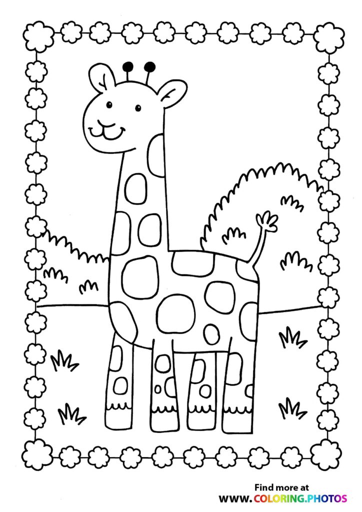 Cute giraffe with spots and ossicones standing in a cloud-bordered frame coloring page