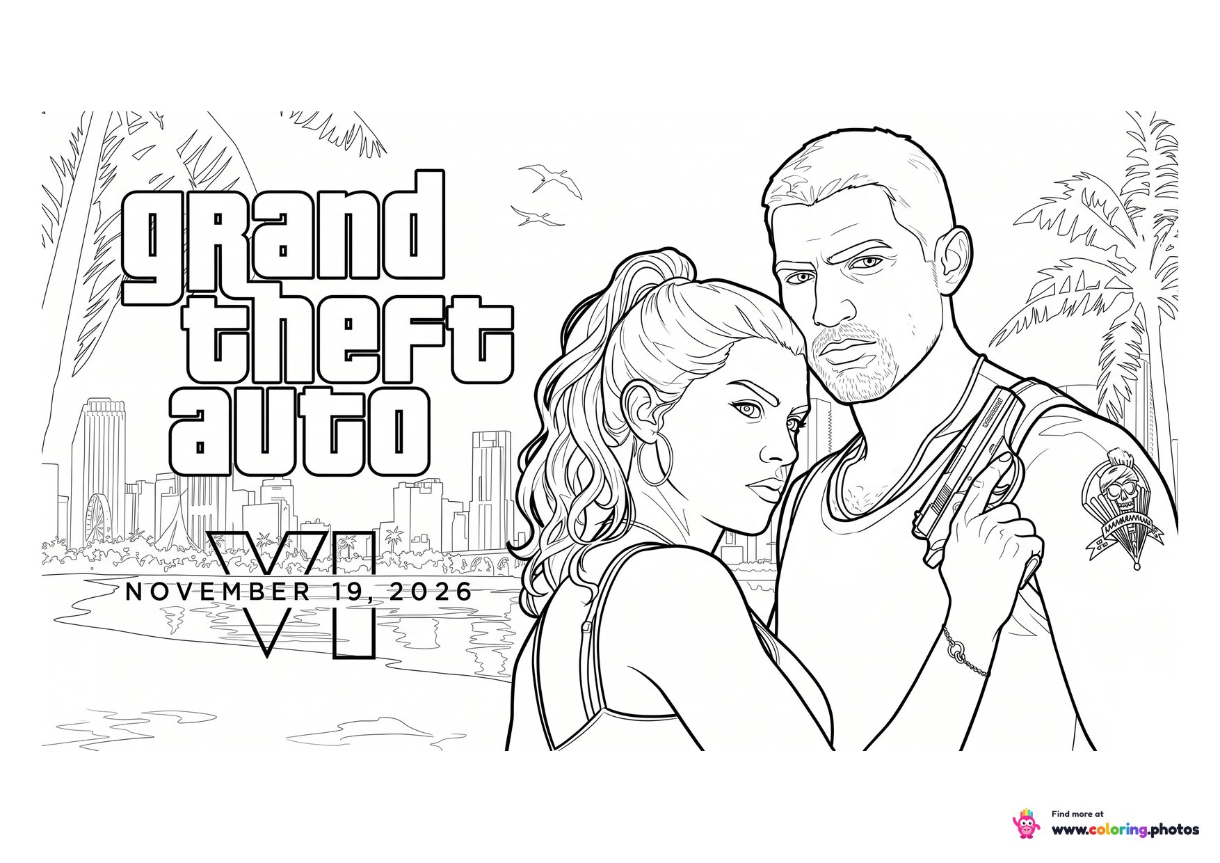 GTA 6 (Grand Theft Auto VI) cover art with Lucia and Jason coloring page