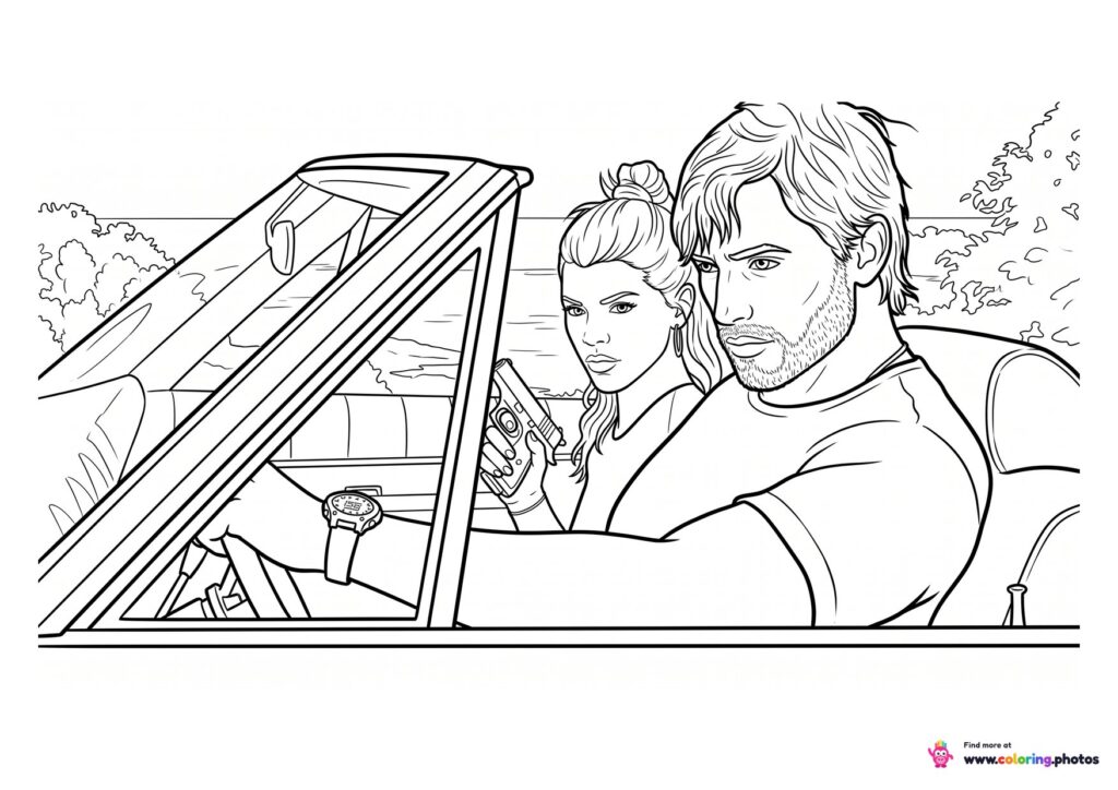 GTA 6 Lucia and Jason in a convertible coloring page
