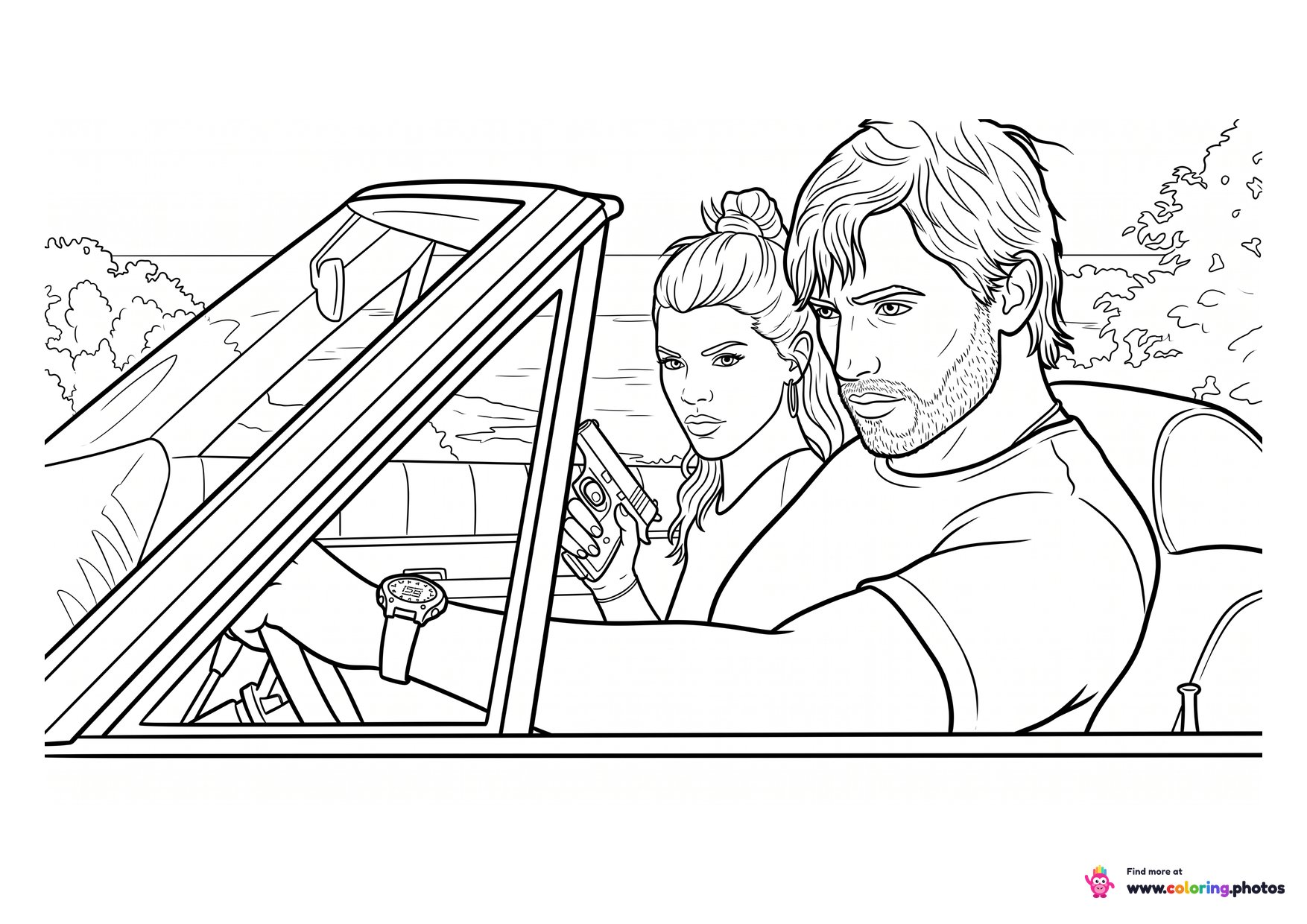GTA 6 Lucia and Jason in a convertible coloring page