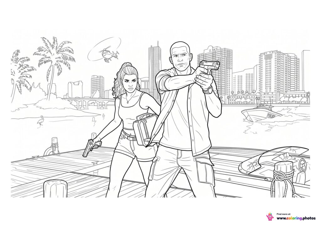 GTA 6 Lucia and Jason on the docks coloring page