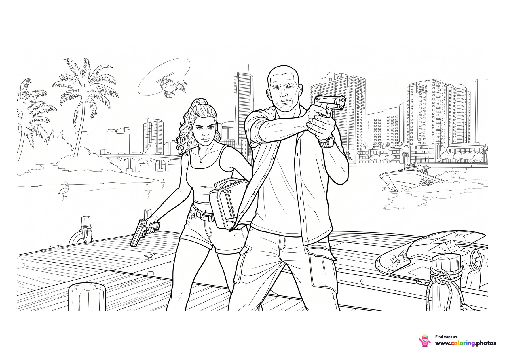 GTA 6 Lucia and Jason on the docks coloring page