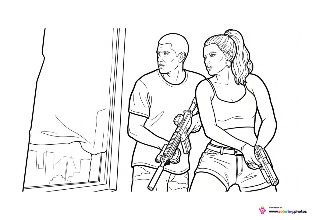 GTA 6 Lucia and Jason by a window coloring page