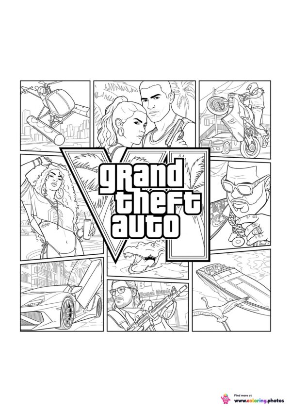 GTA 6 (Grand Theft Auto VI) poster collage coloring page