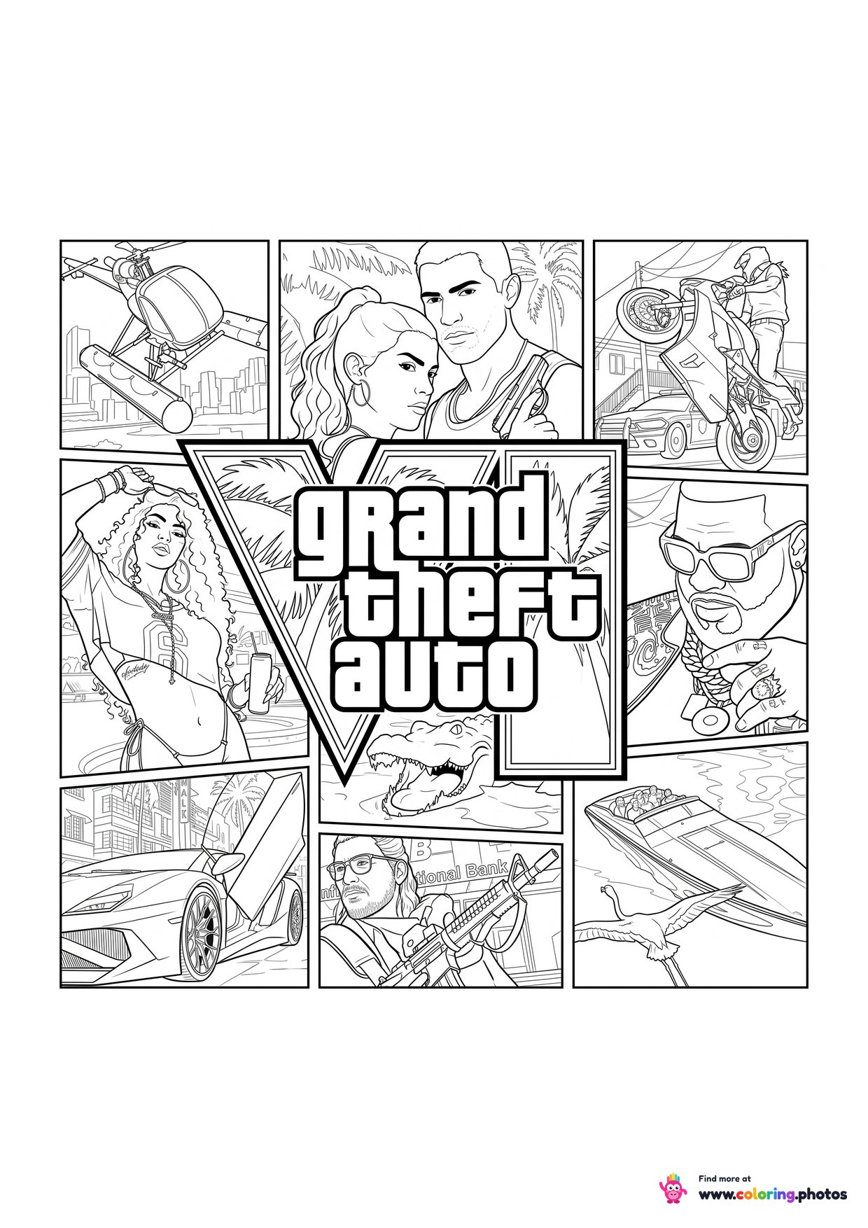 GTA 6 (Grand Theft Auto VI) poster collage coloring page