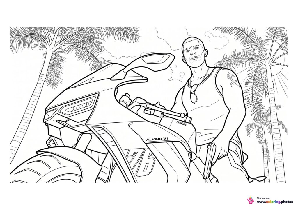 GTA 6 Jason with a motorcycle coloring page