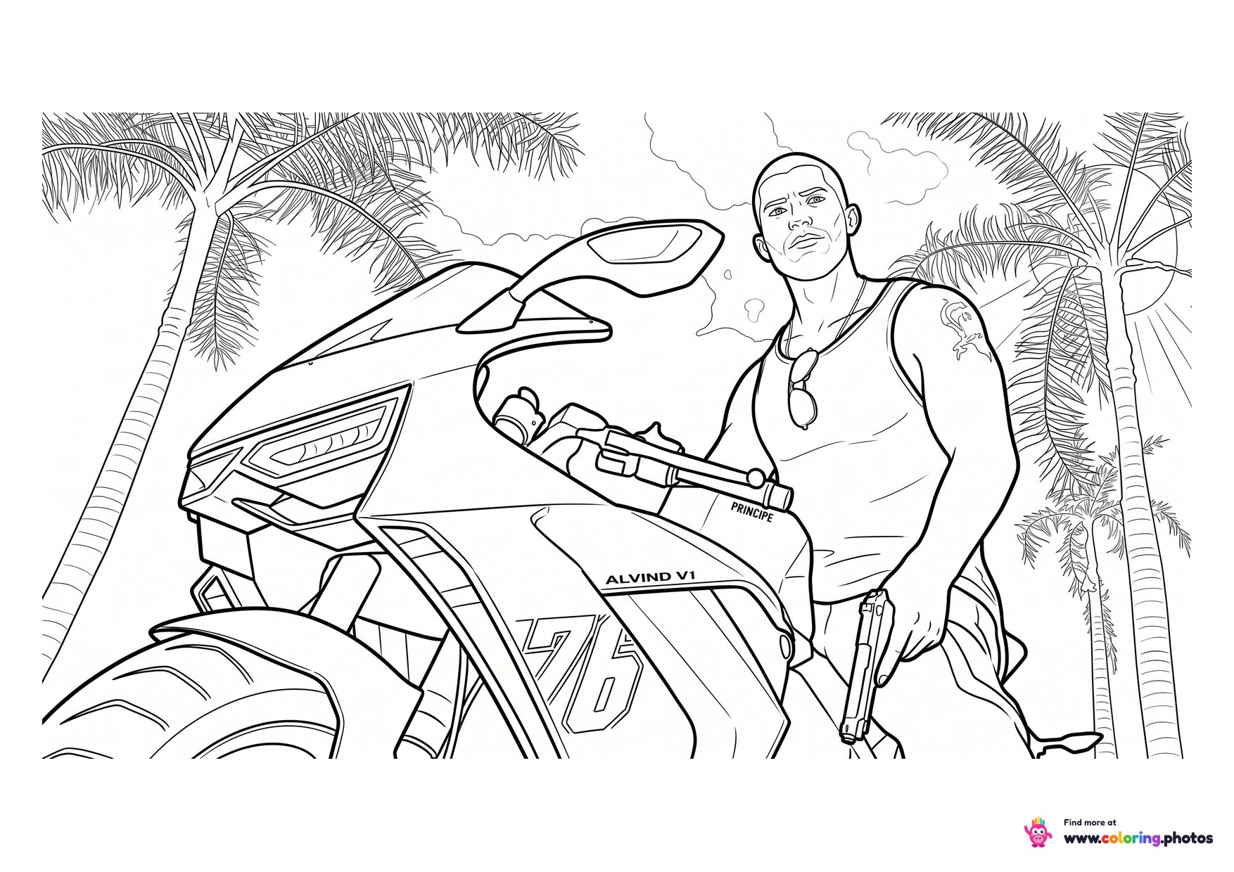 GTA 6 Jason with a motorcycle coloring page