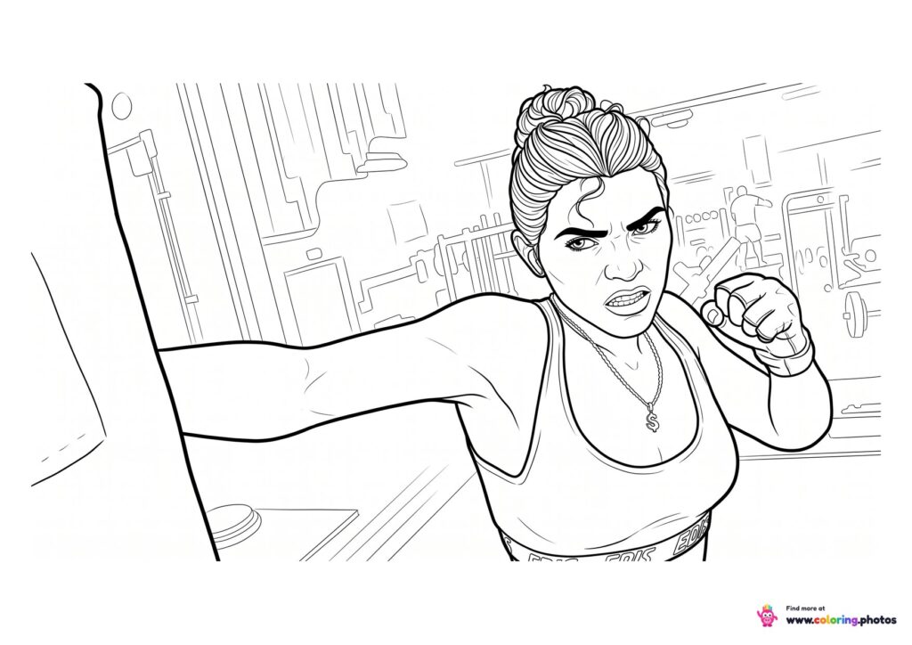 GTA 6 Lucia punching at a gym coloring page