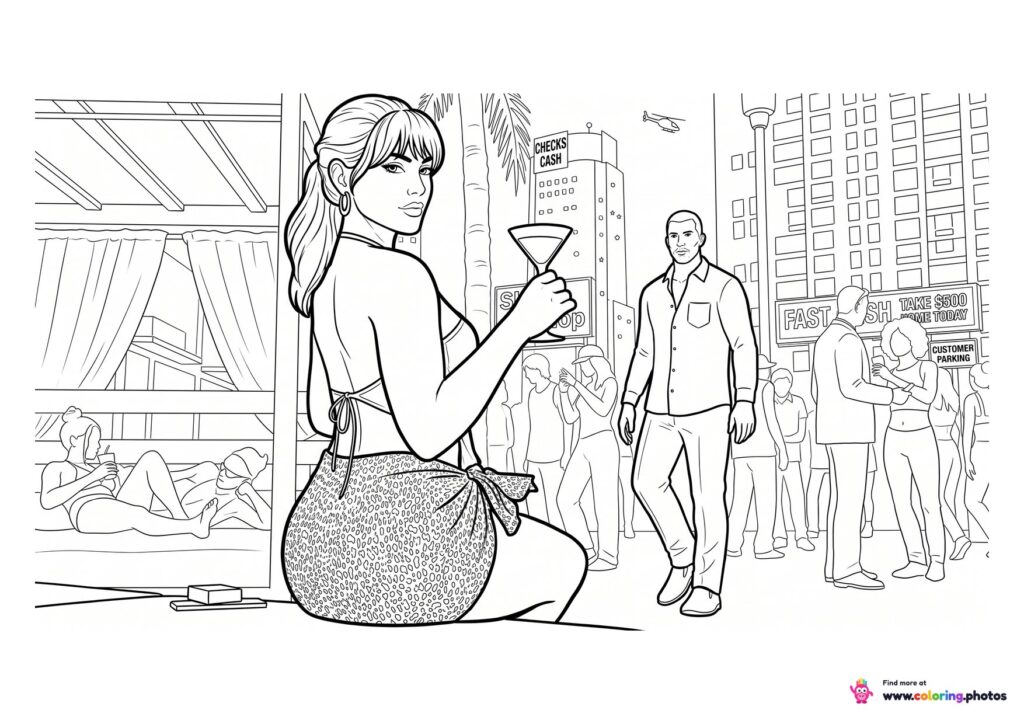GTA 6 Lucia with a cocktail in the city coloring page