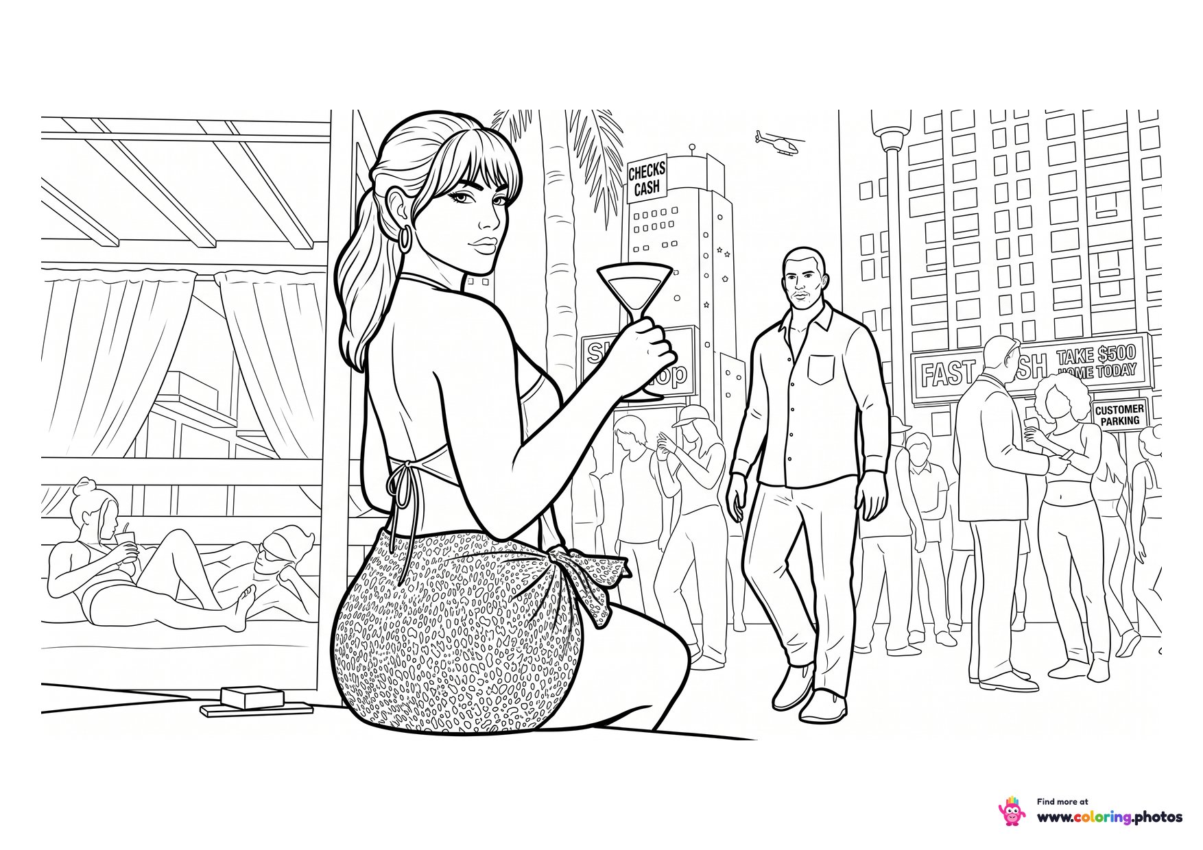 GTA 6 Lucia with a cocktail in the city coloring page