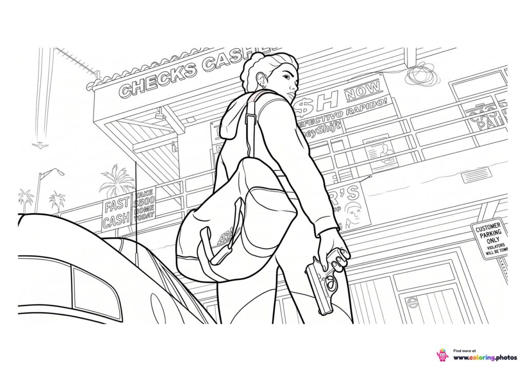GTA 6 Lucia with a duffel bag in the city coloring page