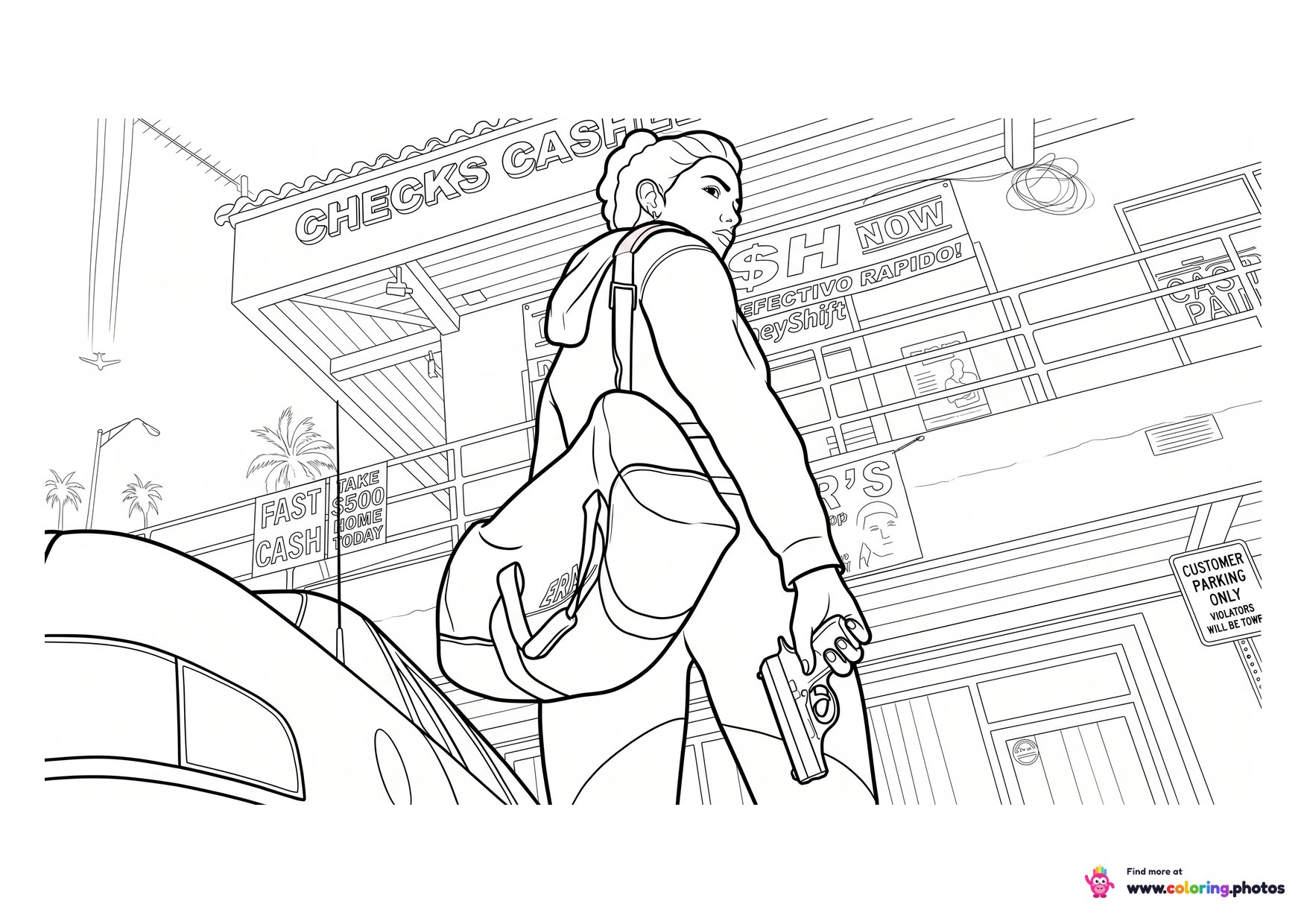 GTA 6 Lucia with a duffel bag in the city coloring page
