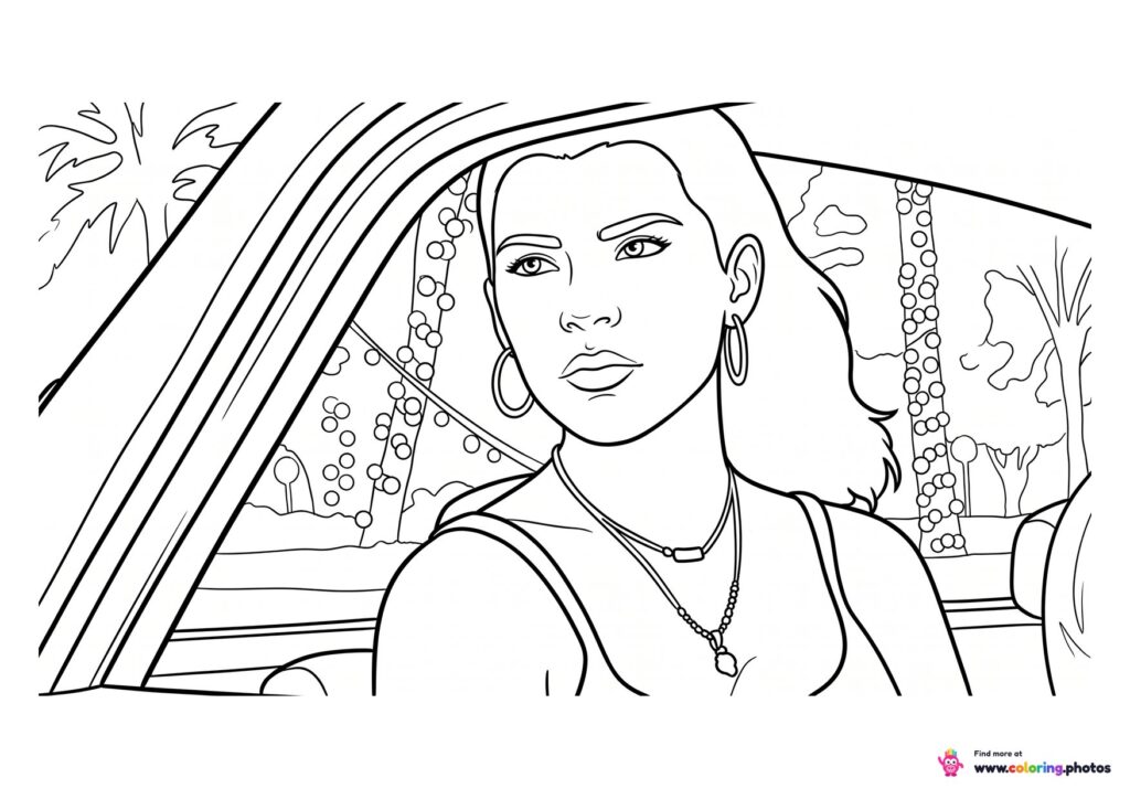 GTA 6 Lucia sitting in a car coloring page