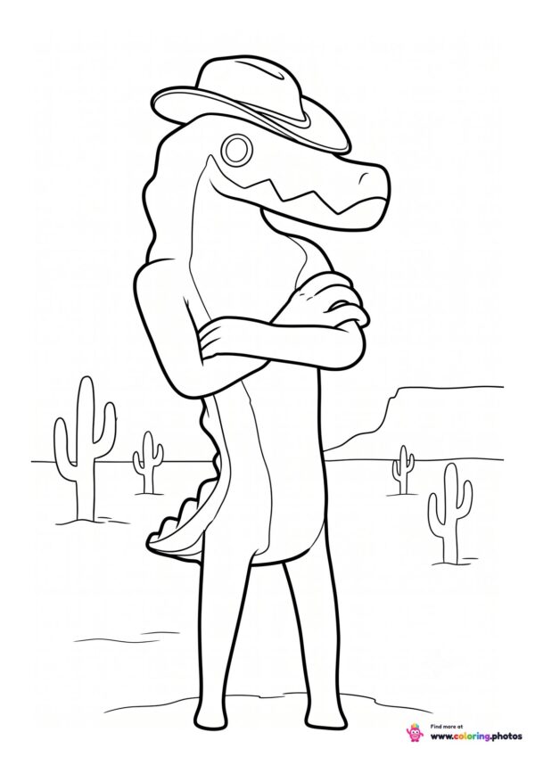 Gummigoo the gummy crocodile in the desert coloring page from The Amazing Digital Circus