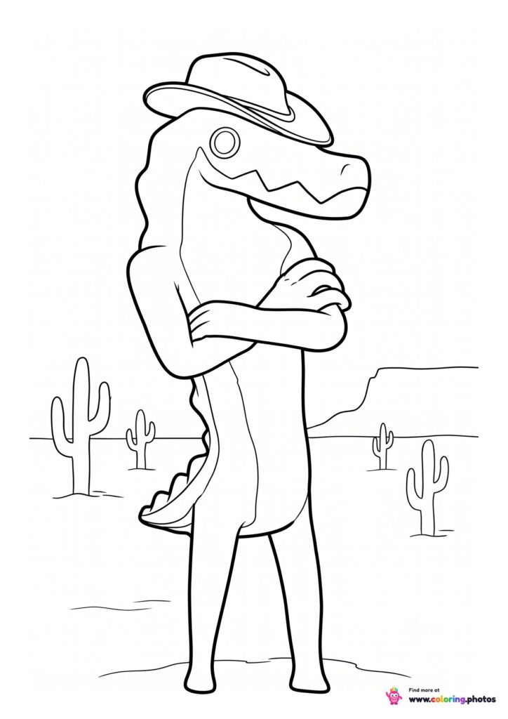 Gummigoo the gummy crocodile in the desert coloring page from The Amazing Digital Circus