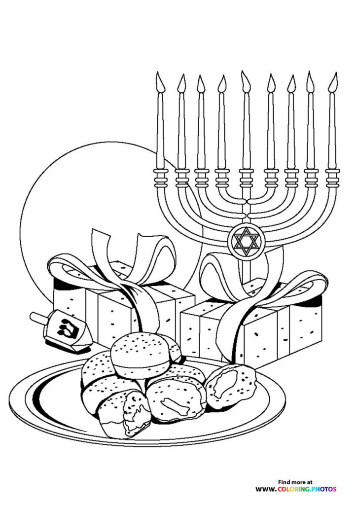 Hanukkah menorah with lit candles, wrapped gifts with ribbons, plate of donuts, and dreidel coloring page