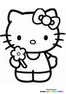 Hello Kitty holding a five-petal flower coloring page
