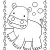 A smiling hippo with open mouth and bubbles around it in a decorative circle frame coloring page