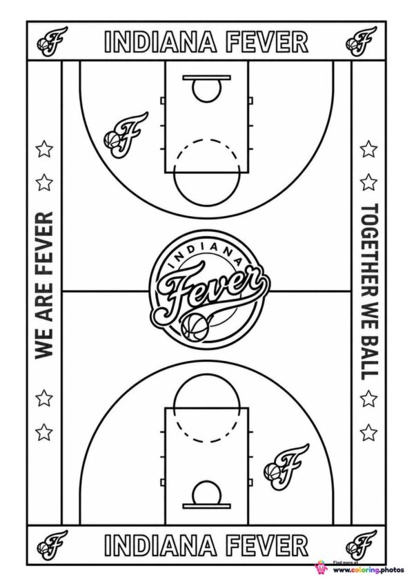 Overhead coloring page of the Indiana Fever basketball court with center logo and sideline lettering
