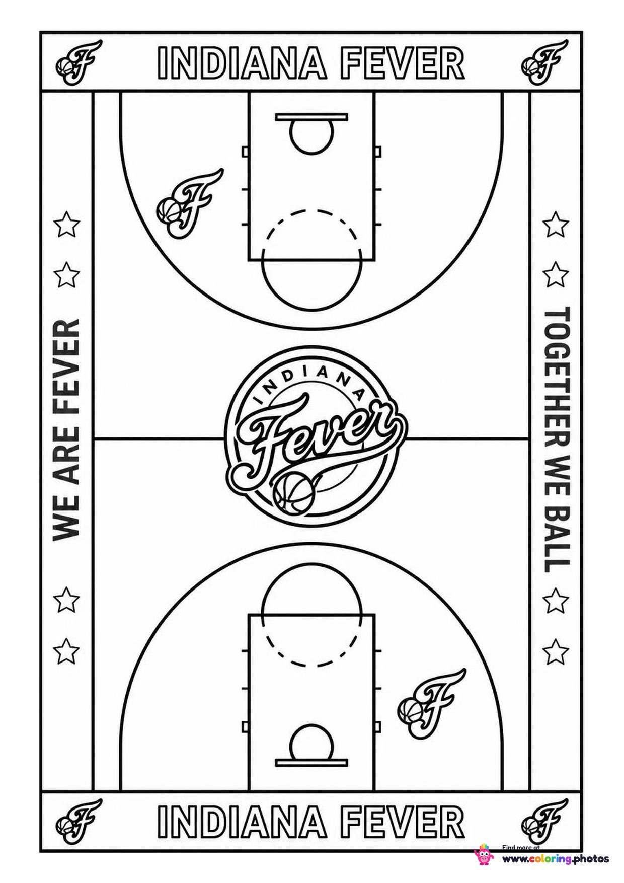 Overhead coloring page of the Indiana Fever basketball court with center logo and sideline lettering