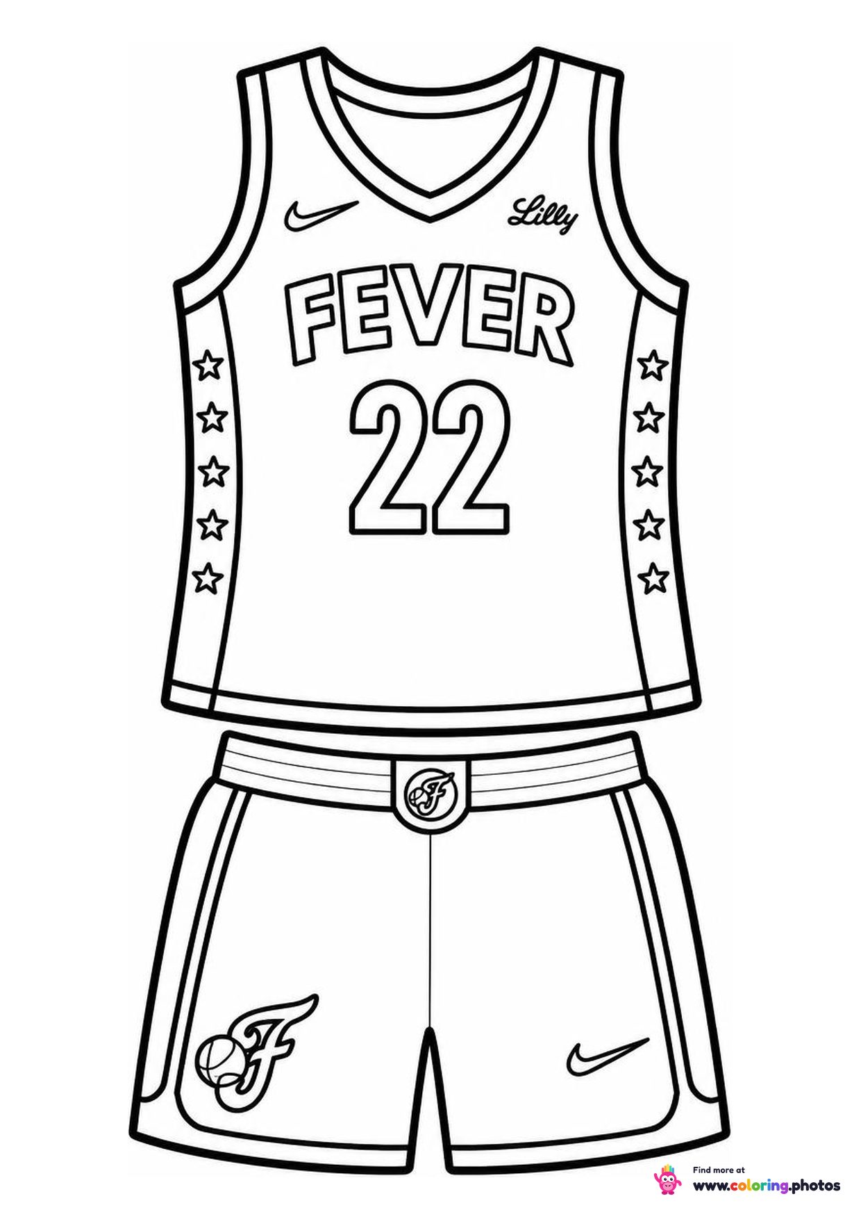 Indiana Fever basketball jersey coloring page showing the top and shorts with number 22