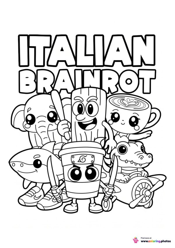 Italian Brainrot characters group scene