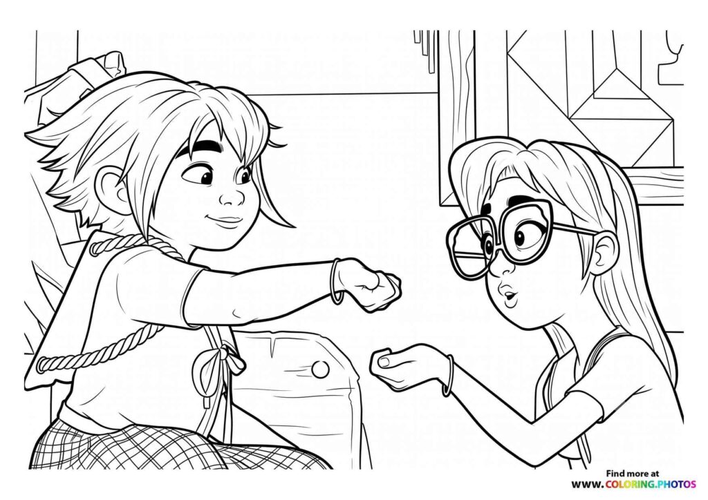 Two animated girls gesturing at each other in an indoor island setting coloring page