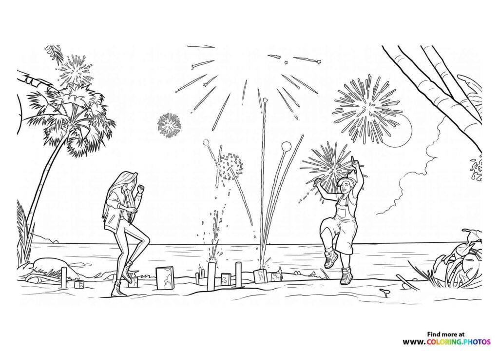 Two friends celebrating with fireworks on a tropical beach with palm trees and ocean coloring page